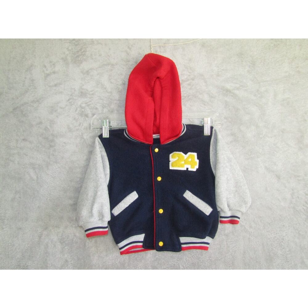 Vintage Baby Kisses Varsity Jacket 24 Patch‎ Hooded Fleece Boys 18M Blue Red